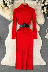 Robe pull longue élégante en tricot à col roulé avec ceinture pour femme